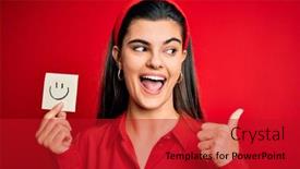  Presentation with paper - Amazing slide deck having young-beautiful-brunette-woman-holding backdrop and a crimson colored foreground