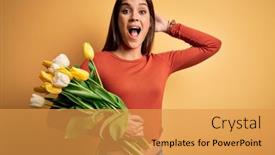  Presentation with woman hands open - Presentation design enhanced with young-beautiful-brunette-woman-holding background and a gold colored foreground