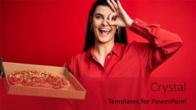  Presentation with pizza delivery - Colorful presentation theme enhanced with young-beautiful-brunette-woman-holding backdrop and a crimson colored foreground