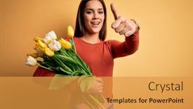  Presentation with hand holding flowers - Beautiful slide set featuring young-beautiful-brunette-woman-holding backdrop and a gold colored foreground