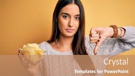  Presentation with potato chips - Beautiful presentation theme featuring young-beautiful-brunette-woman-holding backdrop and a coral colored foreground
