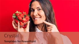  Presentation with strawberries - Slide set enhanced with young-beautiful-brunette-woman-holding background and a coral colored foreground