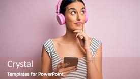  Presentation with listening woman - Slide deck featuring young-beautiful-brunette-woman-listening background and a coral colored foreground