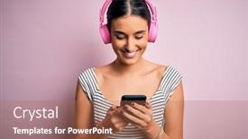  Presentation with listening woman - PPT theme consisting of young-beautiful-brunette-woman-listening background and a coral colored foreground