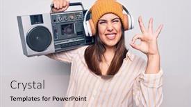  Presentation with vintage music - Beautiful theme featuring young-beautiful-brunette-woman-listening backdrop and a lemonade colored foreground