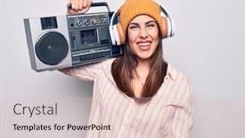  Presentation with vintage music - PPT theme consisting of young-beautiful-brunette-woman-listening background and a lemonade colored foreground