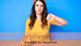  Presentation with nachos - PPT theme with young-beautiful-brunette-woman-sitting background and a yellow colored foreground