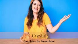 Presentation with nachos - Amazing presentation theme having young-beautiful-brunette-woman-sitting backdrop and a yellow colored foreground