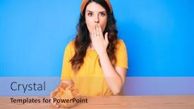  Presentation with nachos - Slide set having young-beautiful-brunette-woman-sitting background and a coral colored foreground