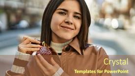  Presentation with perfume - Slide deck enhanced with young-beautiful-brunette-woman-smiling background and a red colored foreground