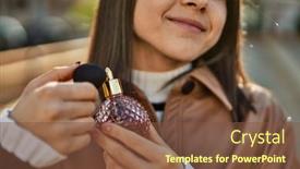  Presentation with perfume - Presentation having young-beautiful-brunette-woman-smiling background and a tawny brown colored foreground