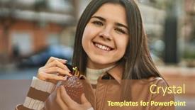  Presentation with perfume - Presentation theme featuring young-beautiful-brunette-woman-smiling background and a tawny brown colored foreground