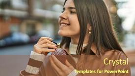  Presentation with perfume - Presentation theme having young-beautiful-brunette-woman-smiling background and a tawny brown colored foreground