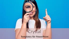  Presentation with magnifying glass - Cool new PPT theme with young-beautiful-brunette-woman-using backdrop and a coral colored foreground