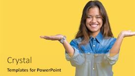  Presentation with comparison - PPT theme enhanced with young beautiful brunette woman wearing blue denim shirt over isolated background smiling showing both hands open palms presenting and advertising comparison and balance background and a yellow colored foreground
