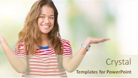  Presentation with woman hands open - PPT theme consisting of young beautiful brunette woman wearing stripes t-shirt over isolated background smiling showing both hands open palms presenting and advertising comparison and balance background and a soft green colored foreground