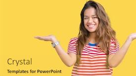  Presentation with woman hands open - Presentation theme enhanced with young beautiful brunette woman wearing stripes t-shirt over isolated background smiling showing both hands open palms presenting and advertising comparison and balance background and a yellow colored foreground