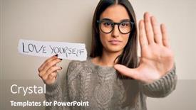  Presentation with love yourself - Presentation theme having young-beautiful-brunette-woman-wearing background and a violet colored foreground