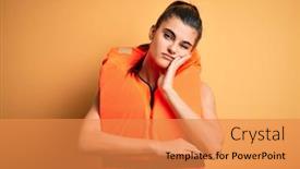  Presentation with safe - Colorful slide deck enhanced with young-beautiful-brunette-woman-wearing backdrop and a gold colored foreground