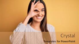  Presentation with eye - Cool new slides with young-beautiful-brunette-woman-wearing backdrop and a yellow colored foreground