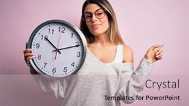  Presentation with clock countdown - Audience pleasing slide deck consisting of young-beautiful-brunette-woman-wearing backdrop and a soft green colored foreground