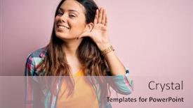  Presentation with listening woman - PPT theme consisting of young-beautiful-brunette-woman-wearing background and a lemonade colored foreground