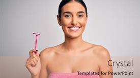  Presentation with razor - Beautiful PPT theme featuring young-beautiful-brunette-woman-wearing backdrop and a coral colored foreground