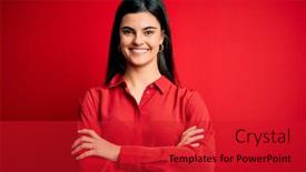  Presentation with camera - Slide deck having young-beautiful-brunette-woman-wearing background and a crimson colored foreground