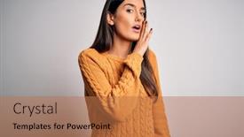  Presentation with talk - PPT theme having young-beautiful-brunette-woman-wearing background and a coral colored foreground