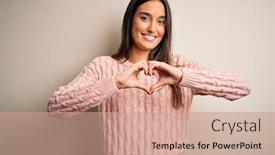  Presentation with heart hands - Slide deck consisting of young-beautiful-brunette-woman-wearing background and a  colored foreground