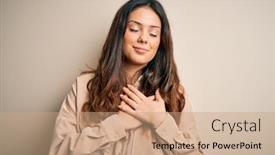  Presentation with chest - Amazing PPT theme having young-beautiful-brunette-woman-wearing backdrop and a coral colored foreground