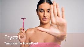  Presentation with razor - PPT layouts having young-beautiful-brunette-woman-wearing background and a coral colored foreground