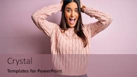  Presentation with woman hands open - Colorful slides enhanced with young-beautiful-brunette-woman-wearing backdrop and a coral colored foreground