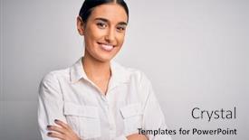  Presentation with camera - PPT layouts having young-beautiful-brunette-woman-wearing background and a light gray colored foreground