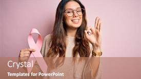  Presentation with pink ribbon - Presentation theme with young-beautiful-brunette-woman-wearing background and a coral colored foreground