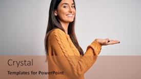  Presentation with woman hands open - Cool new slide deck with young-beautiful-brunette-woman-wearing backdrop and a red colored foreground