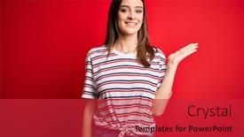  Presentation with hand palm - Colorful presentation theme enhanced with young-beautiful-brunette-woman-wearing backdrop and a red colored foreground