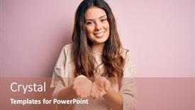  Presentation with giving - Slides having young-beautiful-brunette-woman-wearing background and a coral colored foreground