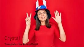  Presentation with independence - Slides having young-beautiful-brunette-woman-wearing background and a crimson colored foreground
