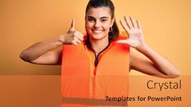  Presentation with safe - Colorful theme enhanced with young-beautiful-brunette-woman-wearing backdrop and a gold colored foreground
