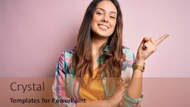  Presentation with finger - PPT layouts having young-beautiful-brunette-woman-wearing background and a red colored foreground