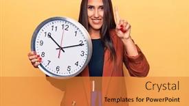  Presentation with clock face - Cool new presentation with young-beautiful-brunette-woman-wearing backdrop and a gold colored foreground