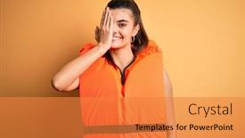  Presentation with safe - PPT layouts consisting of young-beautiful-brunette-woman-wearing background and a gold colored foreground