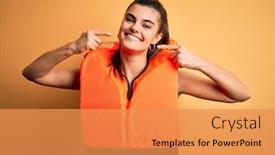  Presentation with safe - Colorful presentation design enhanced with young-beautiful-brunette-woman-wearing backdrop and a gold colored foreground