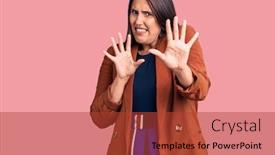  Presentation with panic - Colorful slide set enhanced with young-beautiful-brunette-woman-wearing backdrop and a red colored foreground
