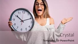  Presentation with clock countdown - Slide deck consisting of young-beautiful-brunette-woman-wearing background and a soft green colored foreground