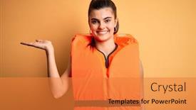  Presentation with safe - Presentation design consisting of young-beautiful-brunette-woman-wearing background and a gold colored foreground