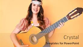  Presentation with classical guitar - PPT theme having young-beautiful-brunette-woman-wearing background and a yellow colored foreground