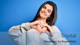  Presentation with hands the shape of a heart - Audience pleasing slides consisting of young-beautiful-brunette-woman-wearing backdrop and a light blue colored foreground