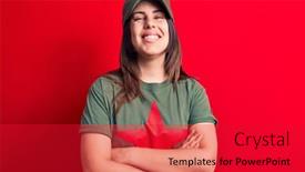  Presentation with red star - Slides having young-beautiful-brunette-woman-wearing background and a red colored foreground